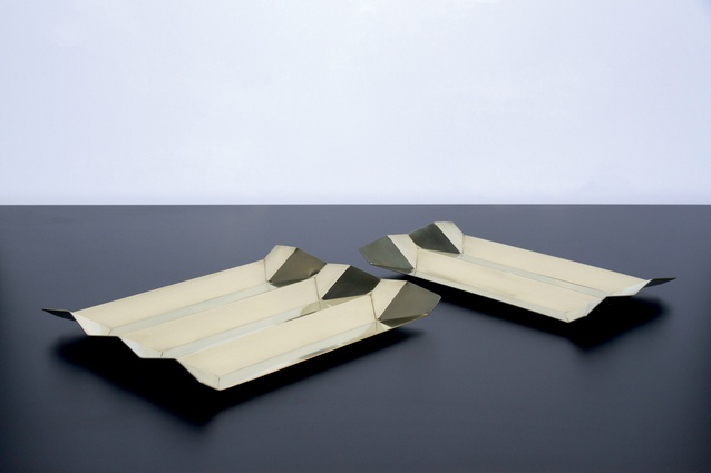Laser cut from a solid brass sheet, <em>Valley Tray</em> exhibits a strong architectural aesthetic.