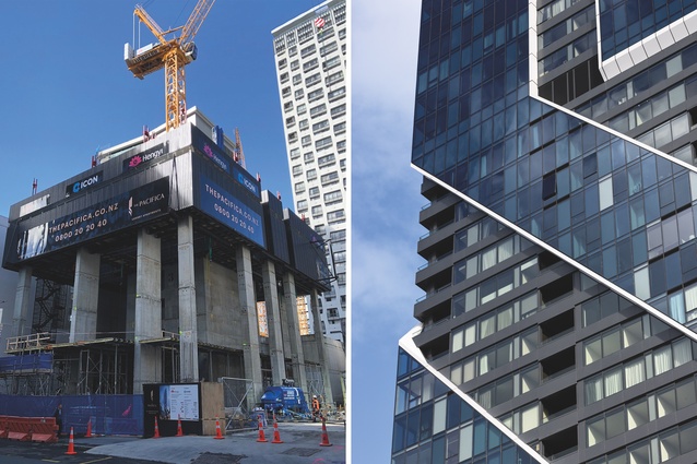 Left: The jump form near the start, showing the floors being installed some weeks after the columns were constructed. Right: Recessed balconies peek out of the building from behind the swirling wrap.