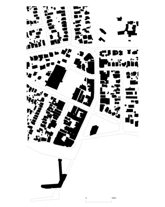 A Figure Ground drawing of the existing Devonport Town Centre,with buildings in black and open space between buildings in white, demonstrating the amount of open space that could potentially be integrated for more public access and use in Devonport.