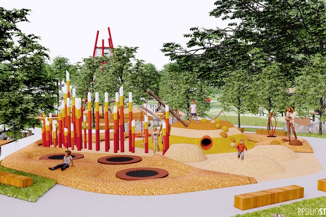 The new landscape design for Kaipātiki Reserve features a colourful playspace for kids inspired by ngā ngāwha, or geothermal activities.