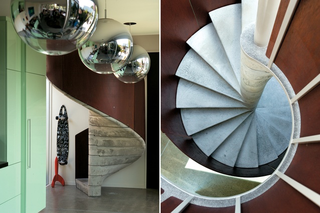 A staircase with (sexy) balls. Client Adam Ellis designed the concrete staircase and built it in the  basement; The top of the stair, with skylight above.