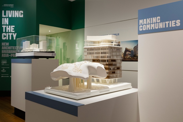 Living in the City exhibition at the Museum of Brisbane featuring a model of 12 Creek Street, Brisbane City by BVN.
