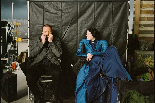 Director Yorgos Lanthimos and lead actress Emma Stone (Bella), photographed together on set.