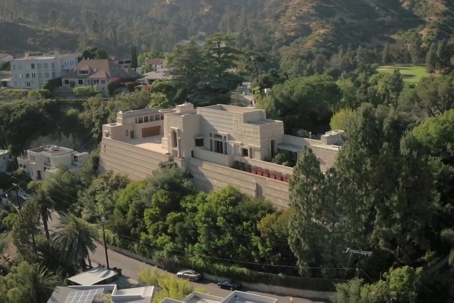 A still from <em>Frank Lloyd Wright – The Man Who Built America</em> showing the architect's project Ennis House.