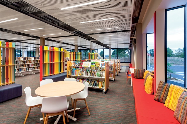 The children’s area is colourful and playful with movable bookshelves and a variety of seating options for children.