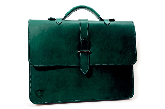 Design Junction: Dark-green slimline leather briefcase by British designers Holdall & Co.
