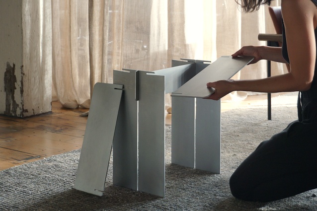 The aluminium stool comes flat-packed in a range of colours and was designed with ease of assembly in mind.