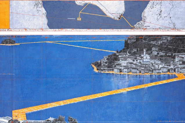 Christo, The Floating Piers. Drawing 2014 in two parts 15 x 96" and 42 x 96". Pencil, charcoal, pastel, wax crayon, enamel paint, hand-drawn map, cut-out photographs by Wolfgang Volz, fabric sample and tape.