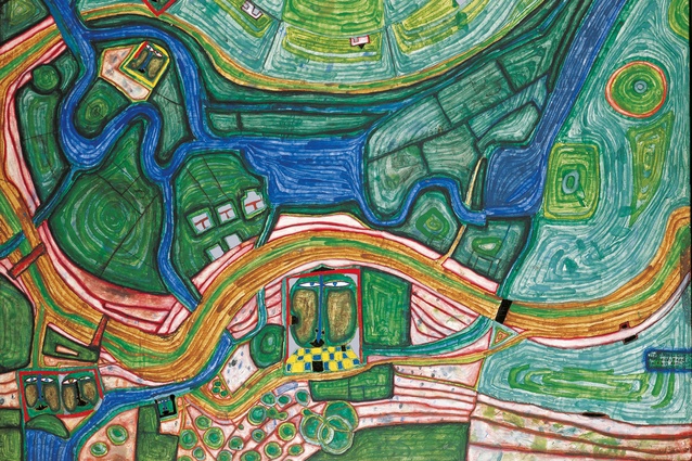 Frederick’s Farm. Mixed-media painting by Hundertwasser in Kaurinui, 2025.© 