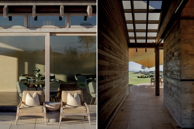 L: Outdoor furniture materials are chosen to weather and change. R: Connections to nature and the Tom Doak-designed course are apparent at every turn. 
