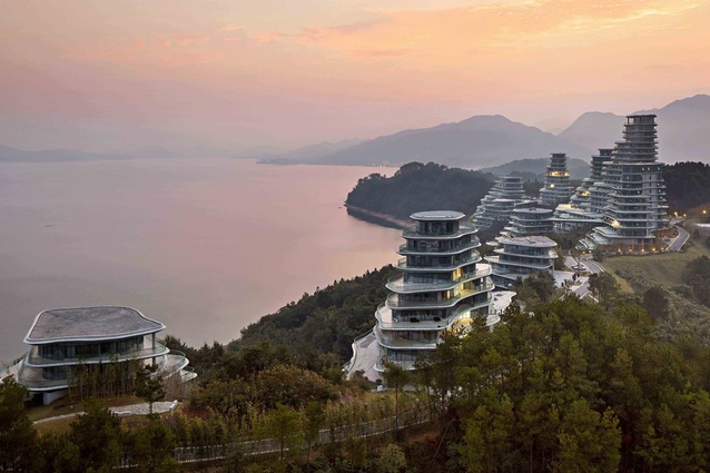 The Huangshan Mountain Village, designed by MAD, sits on a breathtaking site looking on to Taiping Lake.
