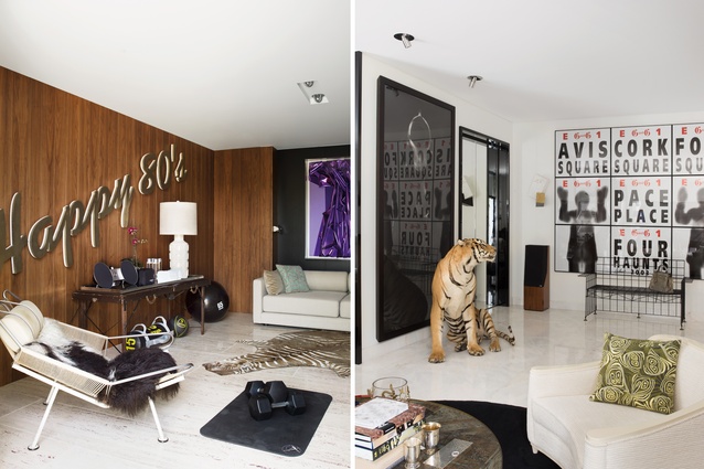One of the house’s two former garages became a supremely stylish gym; standing guard in the living room is a stuffed tiger bought at auction.