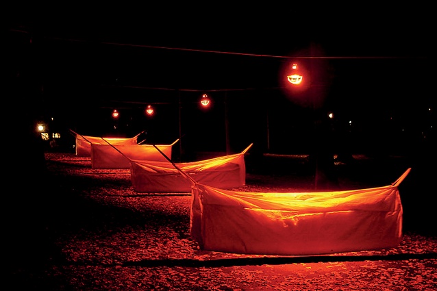 Veronika Valk’s Swinging in the Light installation at GLOW festival in Eindhoven, Holland, includes oversized, insulated hammocks hung between trees.