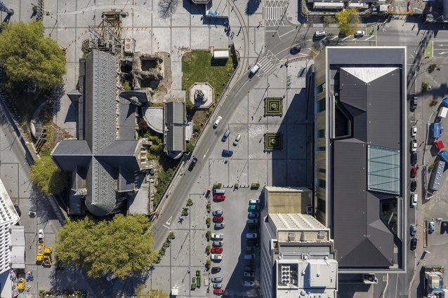 Aerial view of Tūranga in relation to other sites within Cathedral Square.