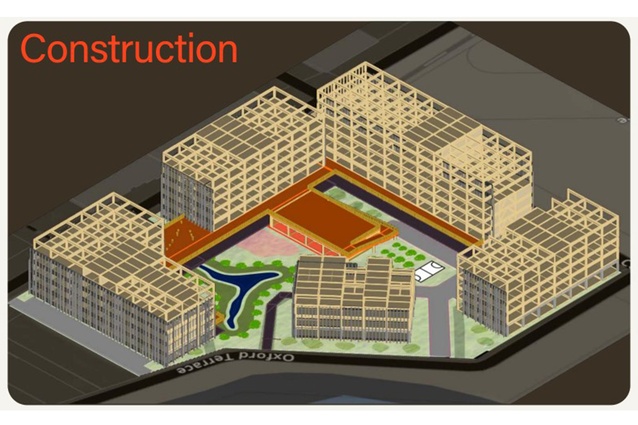 The construction includes lower concrete frame construction, glulam framing and CLT panels.