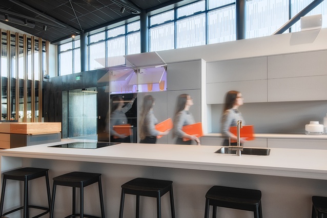 The showroom allows customers to test-drive Blum's storage solutions in real time with their 1:1 kitchen test drive.