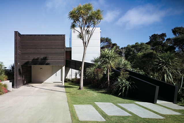 The blank eastern façade is alleviated by the dark-stained entry ramp cutting through the two flat  planes, and the sculptural shape of the cabbage tree in the front garden.