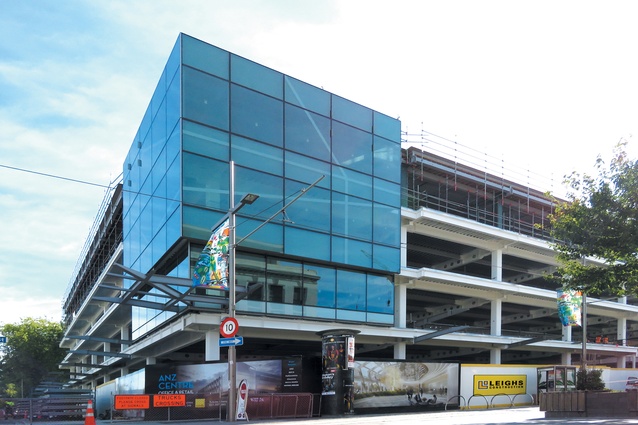The ANZ Centre as seen from the corner of Colombo and Cashel Streets with the façade installation underway. 