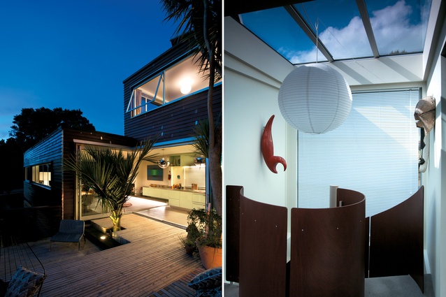 Exteriors of the house designed by Michael Melville for a sub-divided section in Miramar. The cabbage tree and the pōhutukawa stayed; a Norfolk pine had to go.