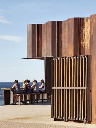Third Wave kiosk. Sustainability and reuse is addressed by the use of recycled sheet piles that were procured from the 2010/11 Victorian floods.