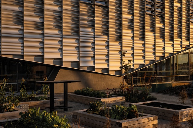 The sun reflects off the façade’s scalloped aluminium louvres.