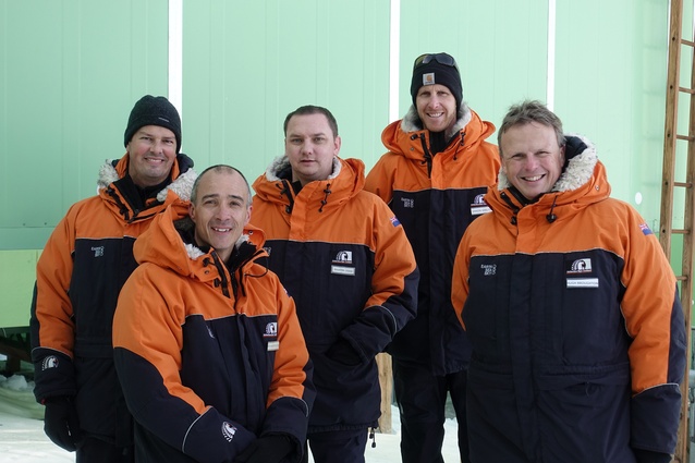 Jamie Lester (WSP Opus), Stephen Middleton (Jasmax), Martin Craig (Steensen Varming), Simon Shelton (Antarctica New Zealand) and Hugh Broughton (Hugh Broughton Architects).