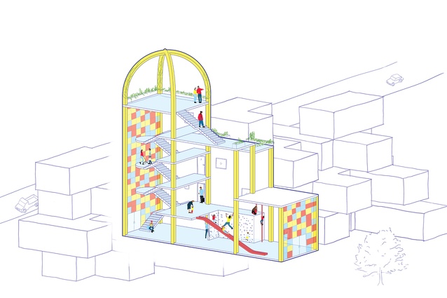A isometric drawing of a stairwell design from Saskia's thesis project <em>Housing Human Needs: Addressing the Psychological Needs of Occupants Through Medium-Density Housing</em>.