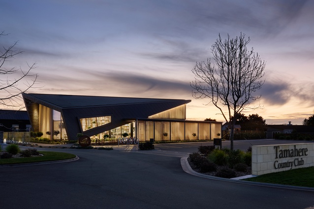 A distinctive tilt to the building’s form gives the building a dynamic presence from the road.