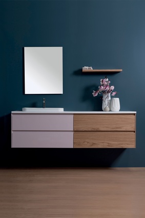 Edge wall-hung vanities by Michel César are available with custom-coloured cabinetry.