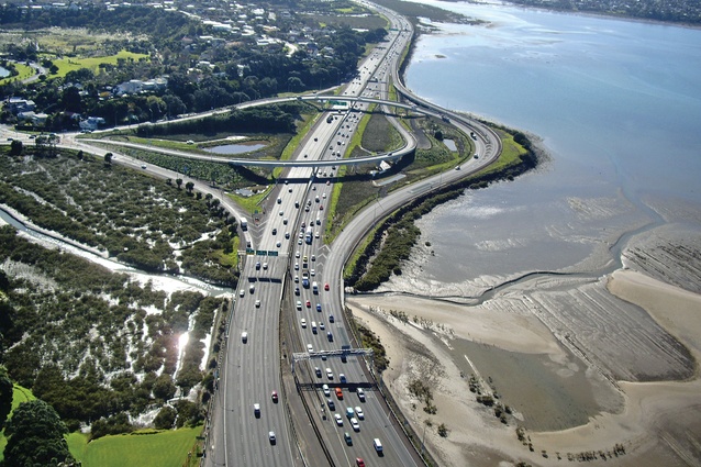 Onewa Interchange by Opus, a "highly effective and ecologically appropriate response to a demanding road interchange", and winner of an NZILA Award of Distinction in the commercial, industrial and institutional category.