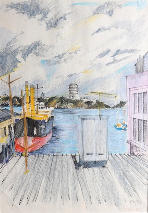 ‘Waterfront 1982’ was produced during the drawing courses run by Claudia Pond-Eyley and the late Pat Hanly. The drawings produced by these classes have become a wonderful record Auckland’s changing cityscape – such as the demolished His Majesty’s Arcade and the Simunovich fishing wharves shown here, now Wynyard Quarter. 