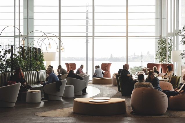 Shared workspaces in the lobby at HSBC Tower, with seating and WiFi, are open to the public.