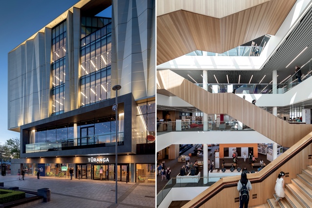 From outside, the building is striking with its golden façade, which references the colours of the Port Hills; the timber-clad staircases invite exploration through the library’s floors. 