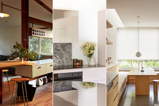 The Interior Awards Residential Kitchen finalists for 2023! From left: Konini Road Kitchen, Brick House, and Point House.