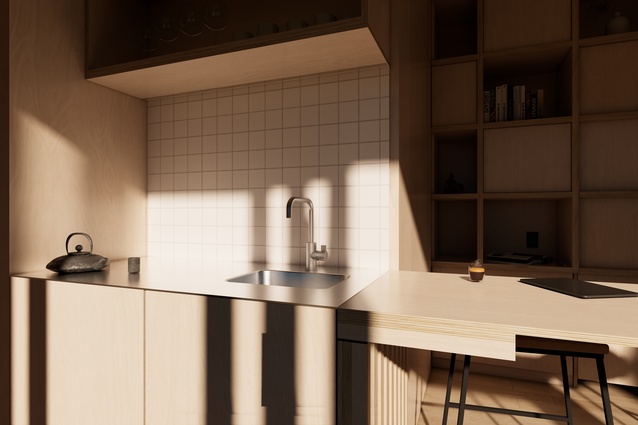 A low-profile stainless steel bench top with built in sink includes a drop-down or fixed breakfast bar counter, depending on the configuration.