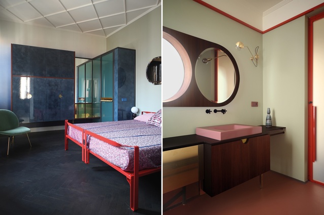 L: The Venetian Red of the bed frame echoes the framing system in the living areas. R: Marcante-Testa custom designed the bathrooms, with a selection of high impact materials and colours.