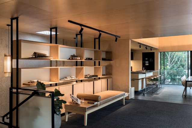 The plywood shelving units were created downstairs in the workshop and then slotted into place.
