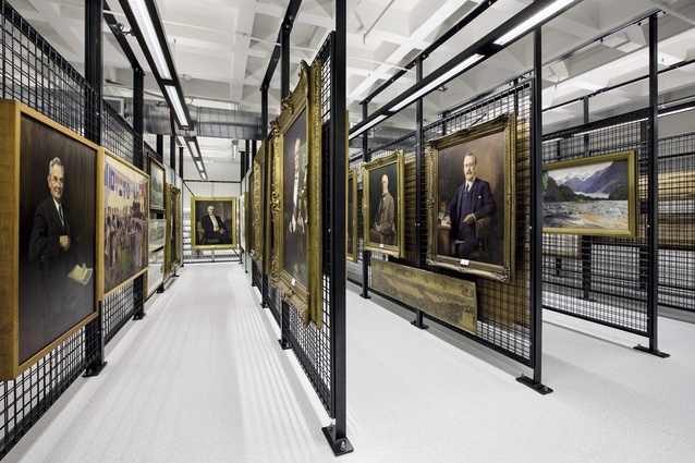 Valuable paintings are stored vertically within systems designed to withstand seismic activity.