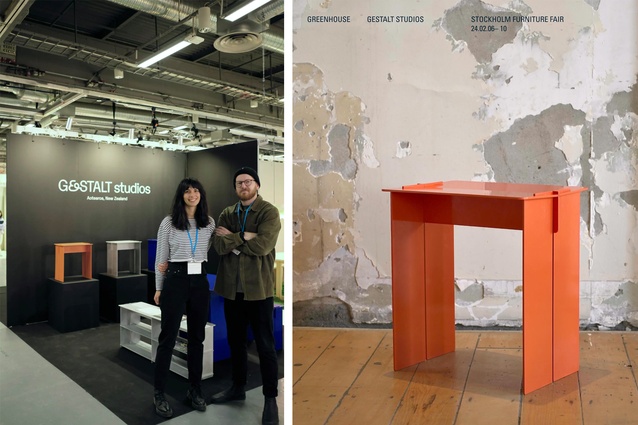 Right: Ella Lilley-Gasteiger and Nathan Swaney of Gestalt Studios; left: the Kit Stool by Gestalt Studios at Stockholm Furniture Fair 2024.