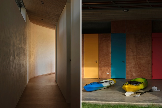 Left: Hand-rendered finishes provide warmth to the interior spaces. Right: The boatshed doors feature the bright colours often associated with Bossley Architects.