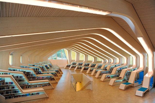 The interior ribcage of the Vennesla Library and Culture House.