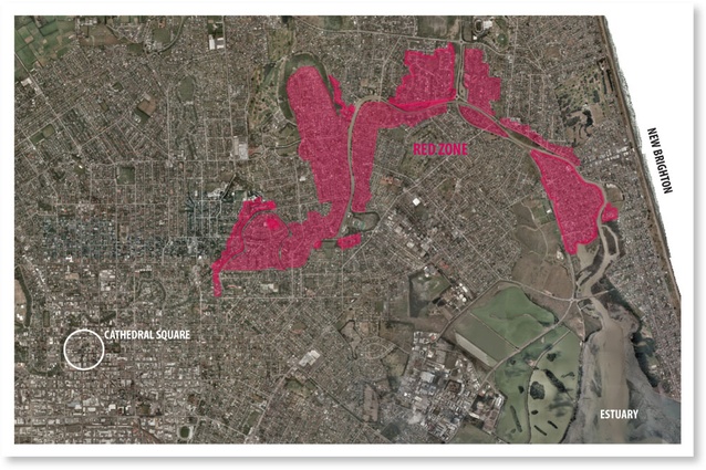 The Red Zone – showing the Christchurch East red zone from Cathedral Square to the estuary (image courtesy of the Canterbury Earthquake Recovery Agency).
