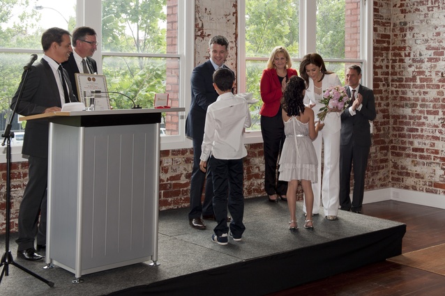 (L–R) Richard Munao, Ulrich Ritsing, Prince Frederick, Munao's children Alex and Liana, Princess Mary and CEO of Fritz Hansen Jacob Holm.