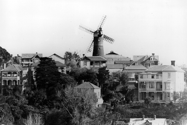 Aotearoa New Zealand: Partington’s Mill, Auckland (1851), a dominant landmark on the city skyline until 1950. Its demolition led to the creation of the New Zealand Historic Places Trust.
