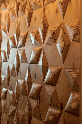 A lozenge-shaped patterned motif is rendered in plywood near the staff locker room.