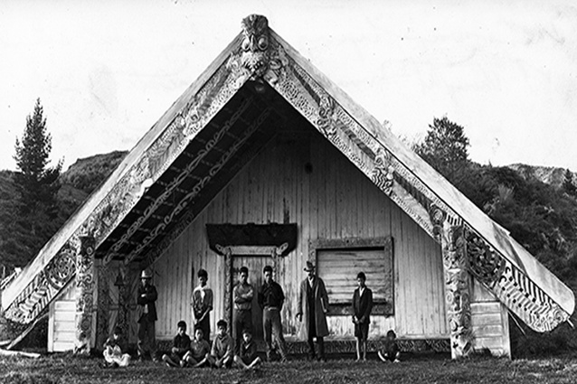 Wharenui Tāne Whirinaki at Opeke marae, 1920. Photo: Charles Troughton Clark. 