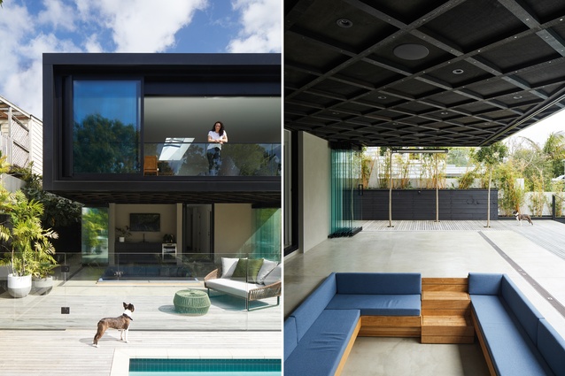 The black-stained lattice pattern on the underside of the extension references the traditional motifs in villa fretwork; the doors of the living space slide back to dissolve the threshold between indoors and outdoors.