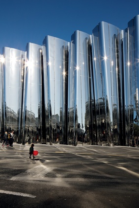 People are invited to interact with the gleaming stainless-steel façade. “The stainless steel is constructed like a car body,” said architect Andrew Patterson.
