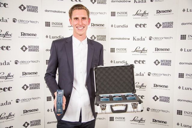 2017 Student Award winner: Elliott Morgan (University of Auckland), with his trophy and suitcase of $1,000 cash.