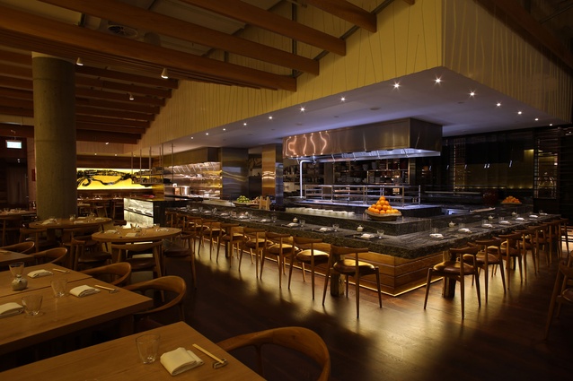 The dining room at Masu is adorned with materials and tableware sourced from Japan.